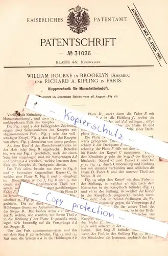 original Patent -  W. Bourke in Brooklyn und R. A. Kipling in Paris , 1884 , Klappmechanik für Manschettenknöpfe !!!