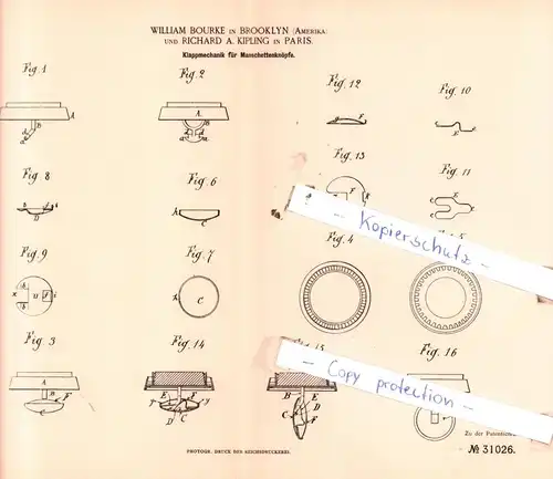 original Patent -  W. Bourke in Brooklyn und R. A. Kipling in Paris , 1884 , Klappmechanik für Manschettenknöpfe !!!