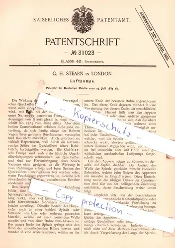 original Patent - C. H. Stearn in London , 1884 , Luftpumpe !!!