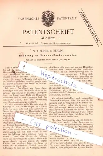original Patent -  W. Greiner in Berlin , 1884 , Neuerung an Vacuum-Kochapparaten !!!