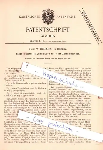 original Patent - Frau W. Blessing in Berlin , 1884 , Taschenlaterne in Combination mit einer Zündholzbüchse !!!