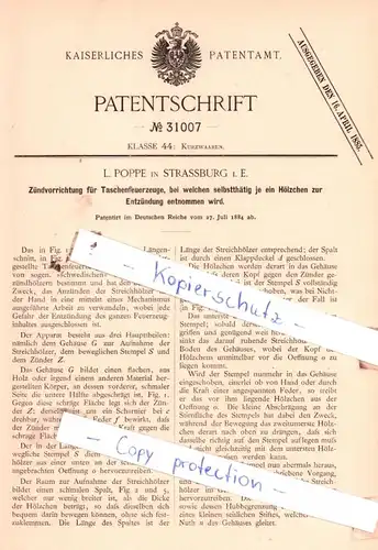 original Patent - L. Poppe in Strassburg i. E. , 1884 ,  Zündvorrichtung für Taschenfeuerzeuge !!!