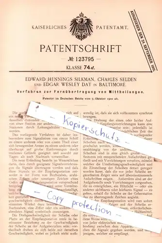 original Patent - E. H. Silkman, C. Selden und E. W. Day in Baltimore , 1900 , Fernübertragung von Mittheilungen !!!