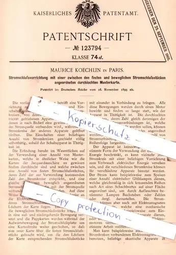 original Patent - Maurice Koechlin in Paris , 1899 , Stromschlußvorrichtung mit Musterkarte !!!