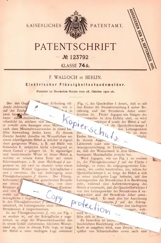 original Patent - F. Walloch in Berlin , 1900 , Elektrischer Flüssigkeitsstandsmelder !!!