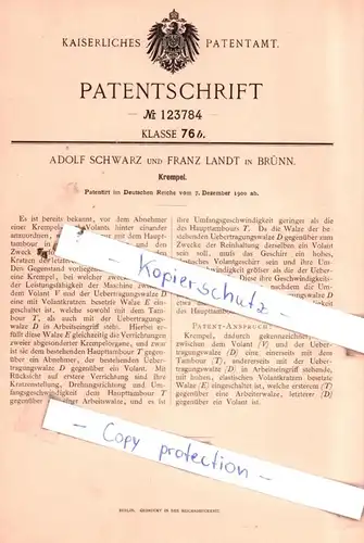 original Patent - Adolf Schwarz und Franz Landt in Brünn , 1900 , Krempel !!!