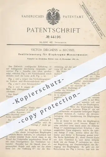 original Patent - Victor Dieghens , Brüssel , 1887 , Ventilsteuerung für Diaphragma - Wassermesser | Zählwerk , Ventile