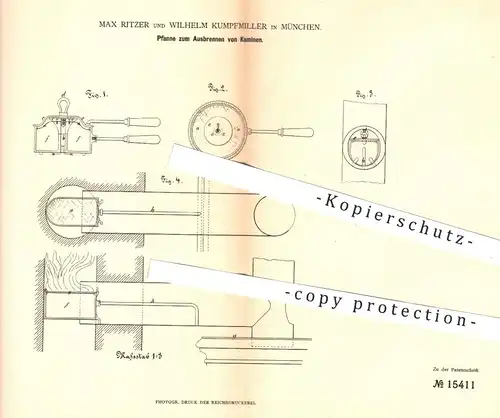 original Patent - Max Ritzer , Wilhelm Kumpfmiller , München , 1881 , Pfanne zum Ausbrennen der Kamine | Ofen , Öfen !!!