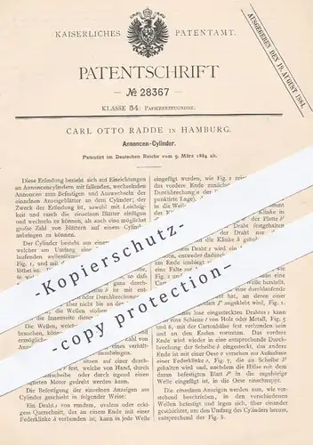 original Patent - Carl Otto Radde , Hamburg , 1884 , Annoncen - Zylinder | Herstellung von Papier , Papierfabrik !!!