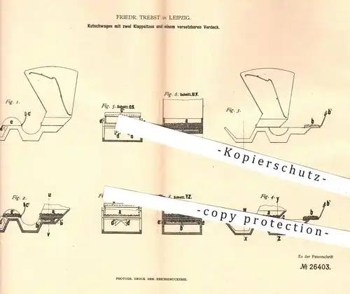 original Patent - Fr. Trebst , Leipzig , 1883 , Kutschwagen mit Klappsitzen u. Verdeck | Kutsche , Pferdekutsche , Wagen