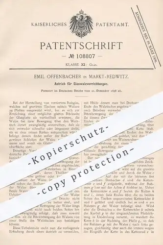 original Patent - Emil Offenbacher , Markt Redwitz , 1898 , Antrieb für Glaswalzvorrichtung | Glas , Gläser , Glaserei !