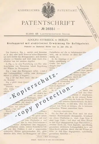 original Patent - Adolph Storbeck , Berlin , 1883 , Brutapparat mit elektr. Erwärmung für Eier | Landwirtschaft , Bunsen