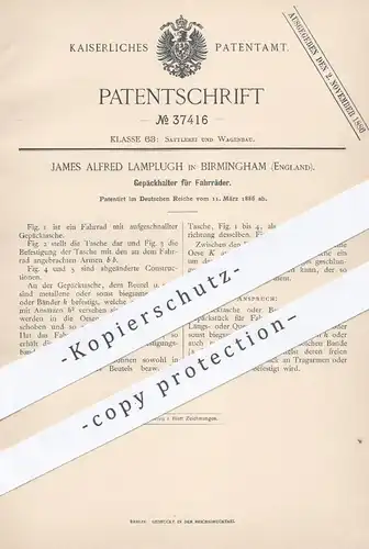 original Patent - James Alfred Lamplugh in Birmingham , England , 1886 , Gepäckhalter für Fahrrad , Fahrräder | Gepäck !