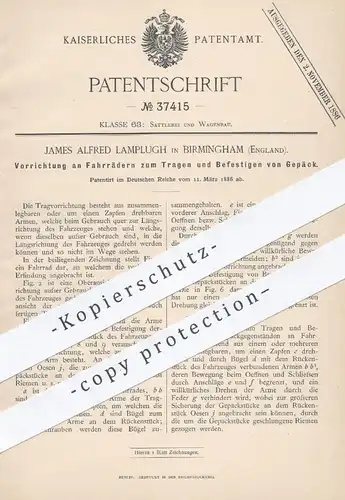 original Patent - James Alfred Lamplugh , Birmingham , England , 1886 , Gepäckträger für Fahrrad , Fahrräder | Gepäck !!