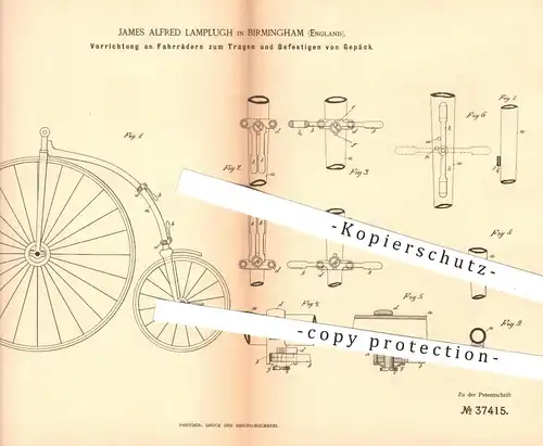 original Patent - James Alfred Lamplugh , Birmingham , England , 1886 , Gepäckträger für Fahrrad , Fahrräder | Gepäck !!