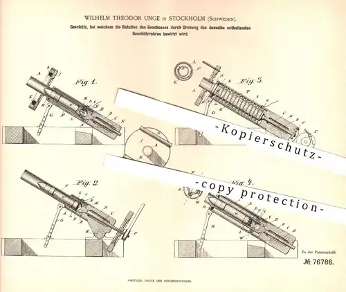 original Patent - Wilhelm Theodor Unge , Stockholm , Schweden , 1893 , Geschütz , Geschütze | Waffe , Waffen , Geschosse