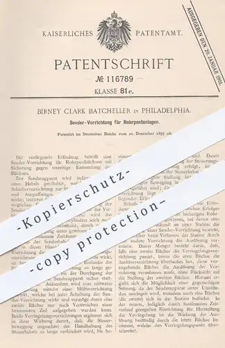 original Patent - Birney Clark Batcheller in Philadelphia , USA , 1897 , Sender für Rohrpostanlagen , Rohrpost | Post !!