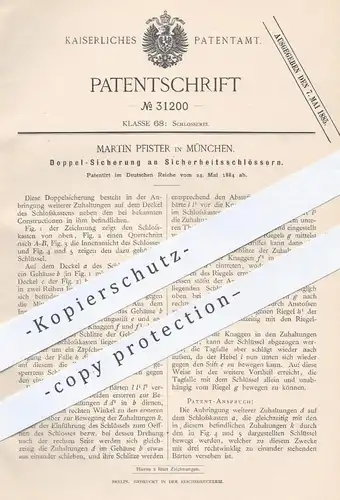 original Patent - Martin Pfister , München , 1884 , Doppelsicherung am Sicherheitsschloss | Schloss , Türschloss , Tür !