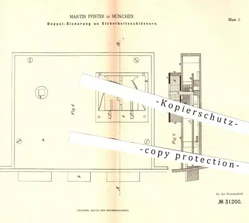 original Patent - Martin Pfister , München , 1884 , Doppelsicherung am Sicherheitsschloss | Schloss , Türschloss , Tür !