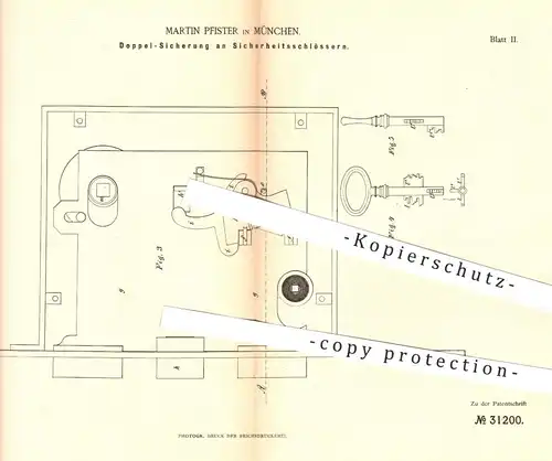 original Patent - Martin Pfister , München , 1884 , Doppelsicherung am Sicherheitsschloss | Schloss , Türschloss , Tür !