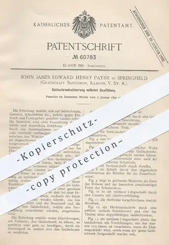 original Patent - John J. E. Henry Payne , Springfield , Sangamon , Illinois USA , 1891 , Geldschrank mit Gas | Tresor !