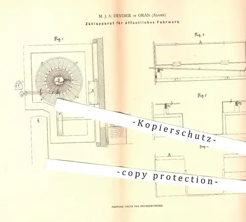 original Patent - M. J. A. Deydier , Oran , Algier , 1879 , Zählwerk für Fuhrwerk | Taxameter , Uhrwerk , Uhr , Uhren !