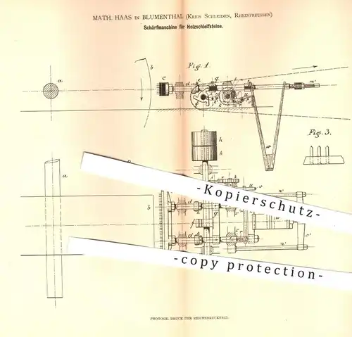 original Patent - Math. Haas , Blumenthal / Schleiden , Rheinpreussen , 1880 , Schärfmaschine für Holz - Schleifsteine !