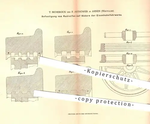 original Patent - T. Bicheroux u. F. Asthöwer , Annen , 1880 , Befestigung von Radreifen auf Rädern der Eisenbahn !!!