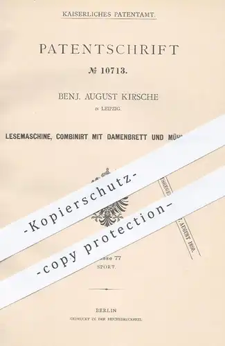 original Patent - Benj. August Kirsche , Leipzig , 1880 , Lesemaschine mit Brettspiel - Dame u. Mühle | Spiel , Lesen !!