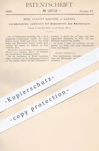 original Patent - Benj. August Kirsche , Leipzig , 1880 , Lesemaschine mit Brettspiel - Dame u. Mühle | Spiel , Lesen !!