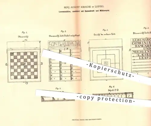 original Patent - Benj. August Kirsche , Leipzig , 1880 , Lesemaschine mit Brettspiel - Dame u. Mühle | Spiel , Lesen !!