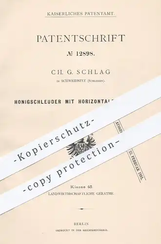 original Patent - Ch. G. Schlag , Schweidnitz Schlesien  1880 , Honigschleuder mit Drehachse | Honig , Schleuder , Imker