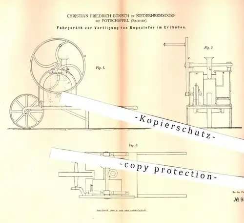 original Patent - Christian Fr.Bönisch , Niederhermsdorf / Potschappel , 1879 , Fahrgerät gegen Ungeziefer , Schädlinge