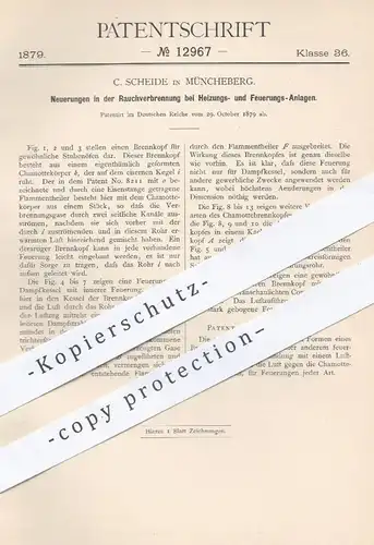 original Patent - C. Scheide , Müncheberg , 1879 , Rauchverbrennung bei Heizungen u. Feuerungen | Heizung , Ofen , Öfen