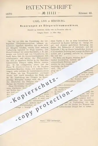 original Patent - Carl Lins , Bernburg , 1879 , Düngerstreumaschinen | Dünger - Streumaschinen , Landwirtschaft , Düngen