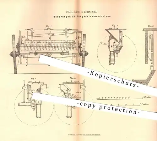 original Patent - Carl Lins , Bernburg , 1879 , Düngerstreumaschinen | Dünger - Streumaschinen , Landwirtschaft , Düngen
