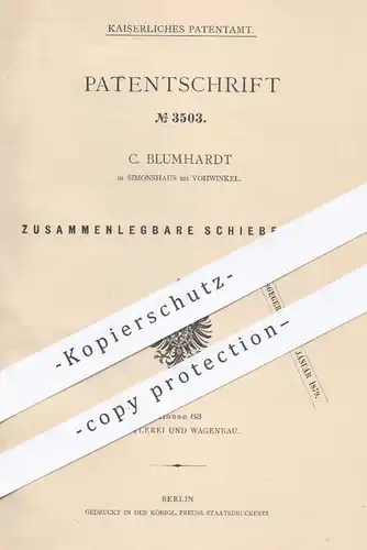 original Patent - C. Blumhardt , Simonshaus / Vohwinkel 1878 , Zusammenlegbare Schiebekarre | Karre  Karren , Schubkarre