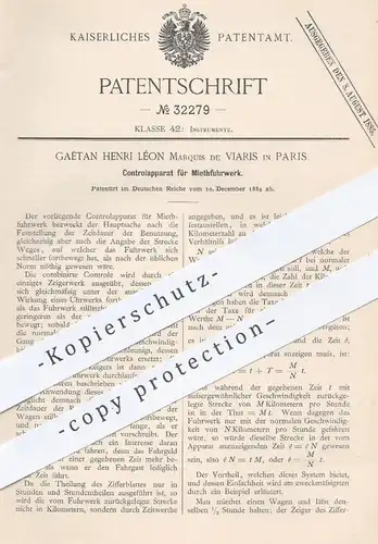 original Patent - Gaëtan Henri Léon Marquis de Viaris , Paris , 1884 , Taxameter für Fuhrwerke | Zeigerwerk , Uhrwerk !!