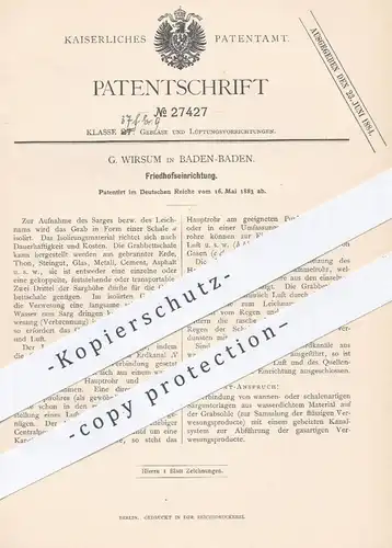 original Patent - G. Wirsum , Baden Baden  1883 , Friedhofseinrichtung | Friedhof , Bestatter , Grab , Sarg , Bestattung