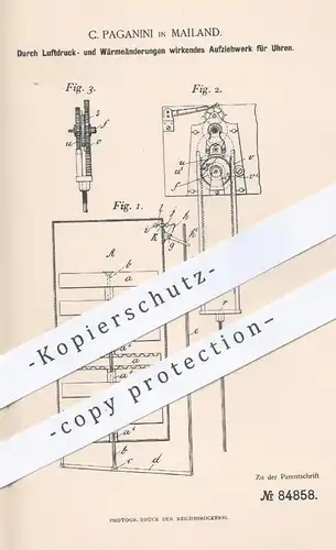 original Patent - C. Paganini , Mailand , Italien , 1894 , Aufziehwerk für Uhren | Uhr , Uhrmacher , Uhrwerk , Barometer