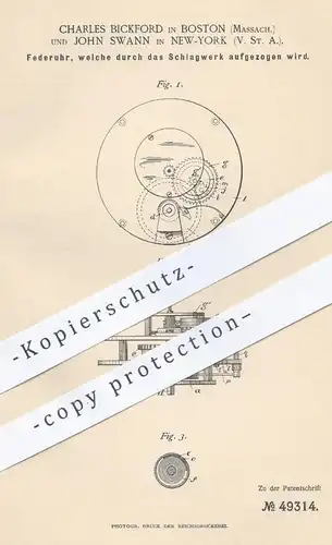 original Patent - Charles Bickford , Boston Massachusetts / John Swann , New York USA , 1888 , Federuhr | Uhr , Uhren !!