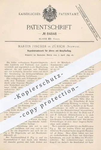 original Patent - Martin Fischer , Zürich , Schweiz , 1895 , Repetierdruckwerk für Uhren mit Knopfaufzug | Uhr , Uhrwerk