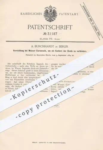 original Patent - A. Burchhardt , Berlin 1884 , Verhindern von Kentern der Boote beim Wasser - Karussell | Sport , Spiel