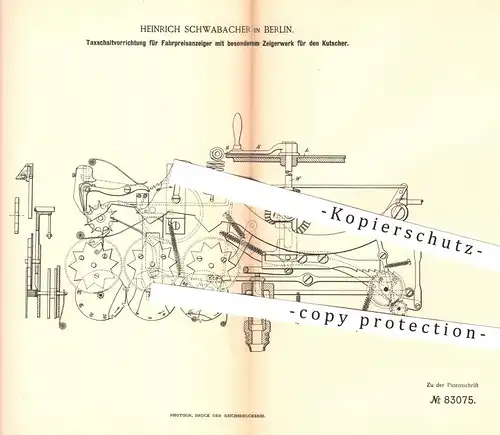 original Patent - Heinrich Schwabacher in Berlin , 1894 , Taxameter für Kutschen und Fuhrwerke | Zeigerwerk , Uhrwerk