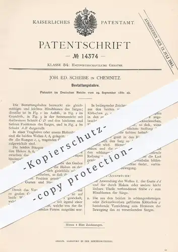 original Patent - Joh. Ed. Scheibe , Chemnitz , 1880 , Bestattungsbahre | Bahre , Bestatter , Sarg , Bestattung !!!