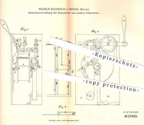 original Patent - Wilhelm Buchholtz , Brüssel , Belgien , 1883 , Taxameter für Droschken u. Fuhrwerke | Uhrwerk , Uhr !!