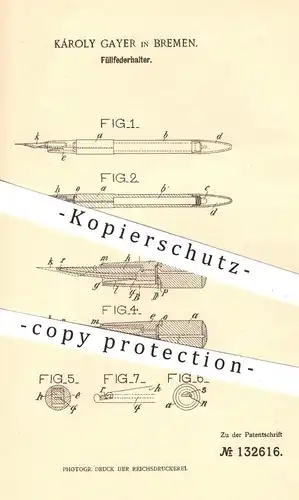 original Patent - Karoly Gayer , Bremen 1901 , Füllfederhalter | Federhalter , Schreibfeder , Feder , Füller , Schreiben