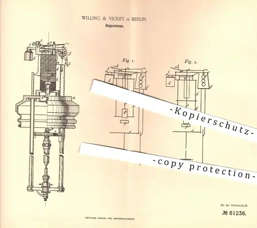 original Patent - Willing & Violet , Berlin , 1894 , Bogenlampe | Lampe , Lampen , Strom , Elektrizität , Licht !!!