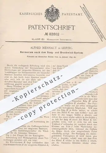 original Patent - Alfred Merhaut in Leipzig , 1895 , Harmonium nach Saug- u. Druckwind-System | Musikinstrument , Musik