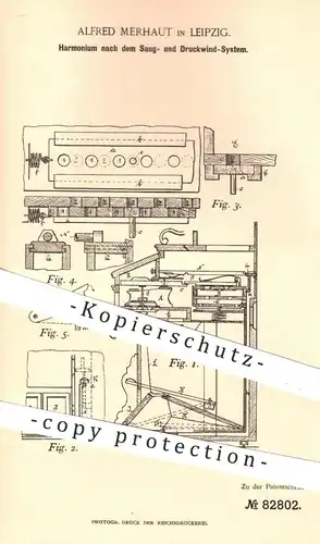 original Patent - Alfred Merhaut in Leipzig , 1895 , Harmonium nach Saug- u. Druckwind-System | Musikinstrument , Musik